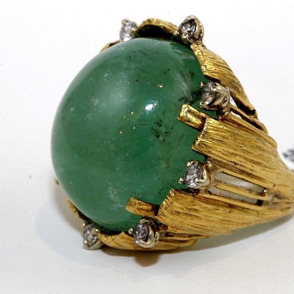 Oval Emerald Diamond Cocktail Ring 18k YG 50.25Ct - Picture 6 of 7